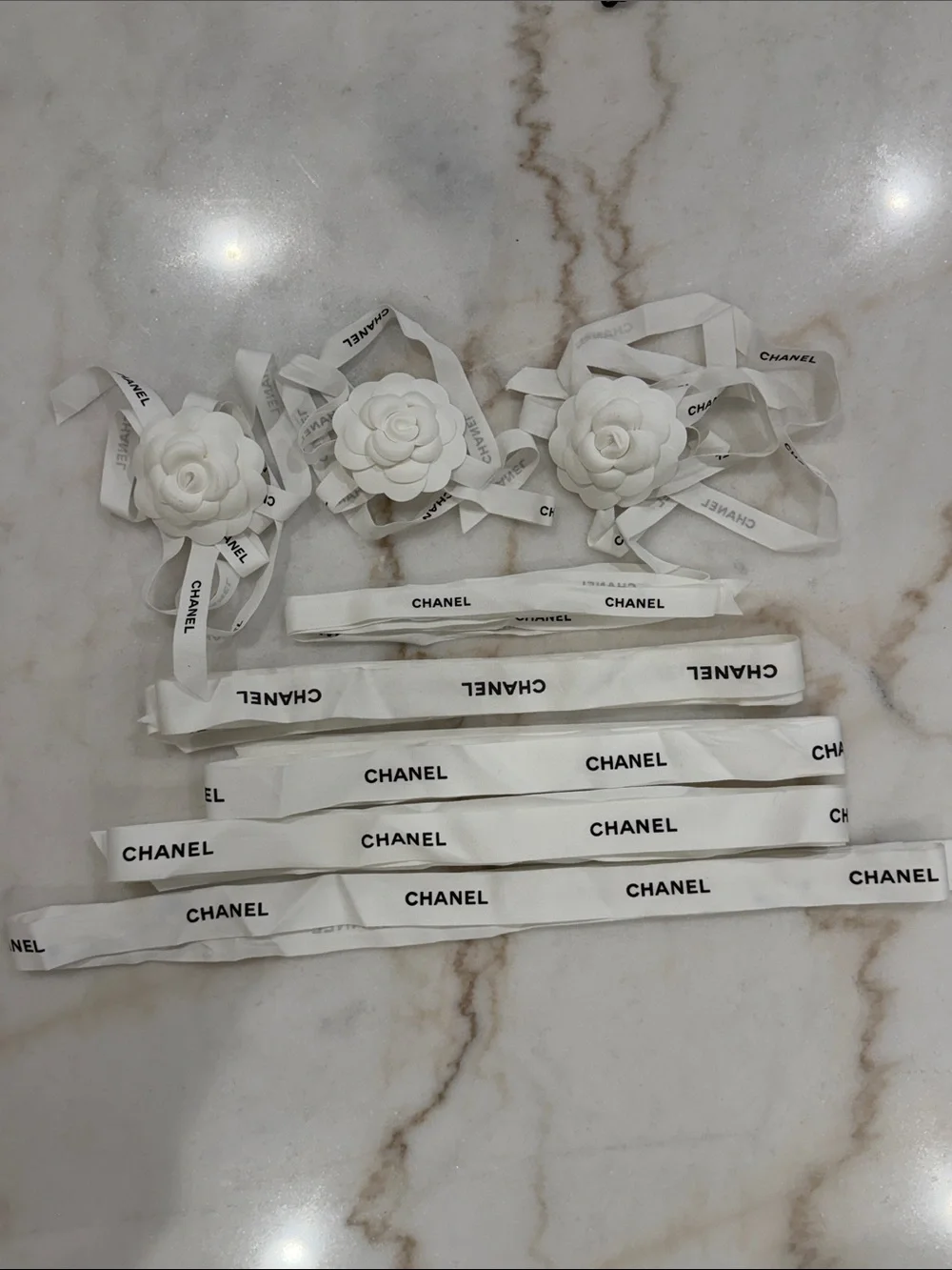 CHANEL White Ribbon Ties with White Camellia Flowers
